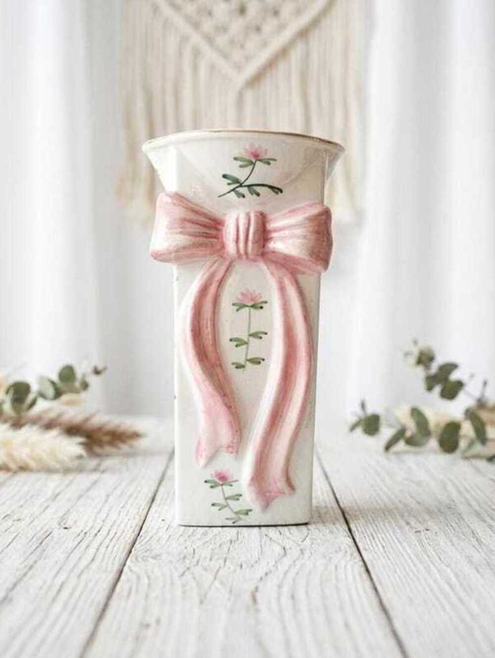 Coastal Granny Decor Rose Motif Vase, Pink Ceramic, Small Mantel Accent